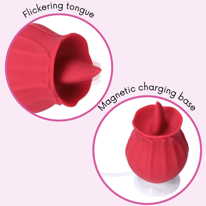 Flickering tongue. Magnetic charging base.