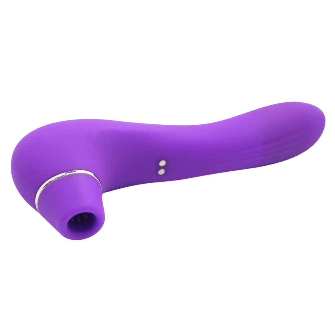 Image of the clit sucker laying on its side. This powerful toy provides you with intense clitoral stimulation with its unique air pulsing feature! It is also rechargeable and super powerful!