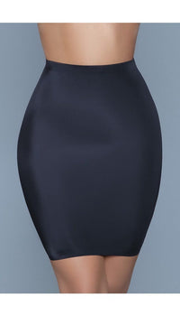 Model wearing seamless high-waist half-slip skirt body shaper in black facing forward