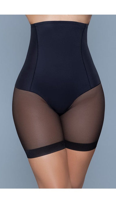 Model wearing high-waist mesh shorts body shaper with waist boning in black facing forward