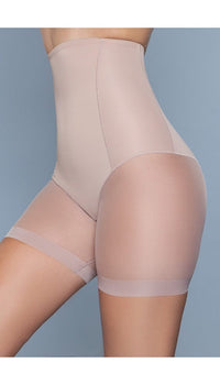 Model wearing high-waist mesh shorts body shaper with waist boning in beige facing front left