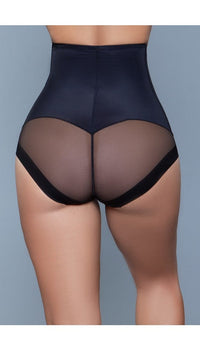 Model wearing igh-waist mesh body shaper with waist boning in black facing back