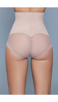 Model wearing igh-waist mesh body shaper with waist boning in beige facing back