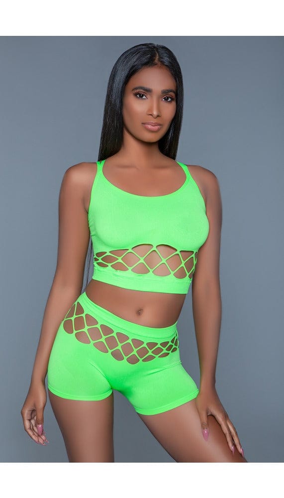 2 pc silk fishnet set that includes a tank crop top with crisscross cami straps and a pair of high-waisted booty shorts in green facing front