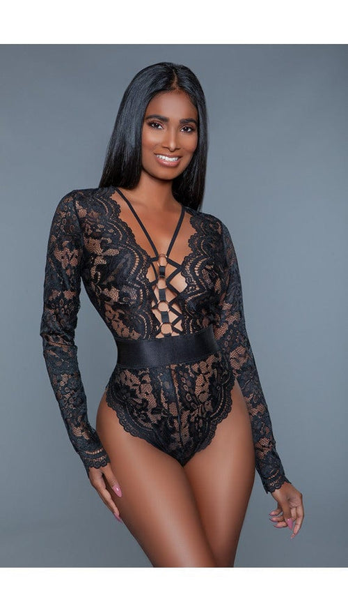 1 pc. long sleeve sheer lace with a plunging neckline and elasticated waist. Multiple straps embellished with gold rings facing forward