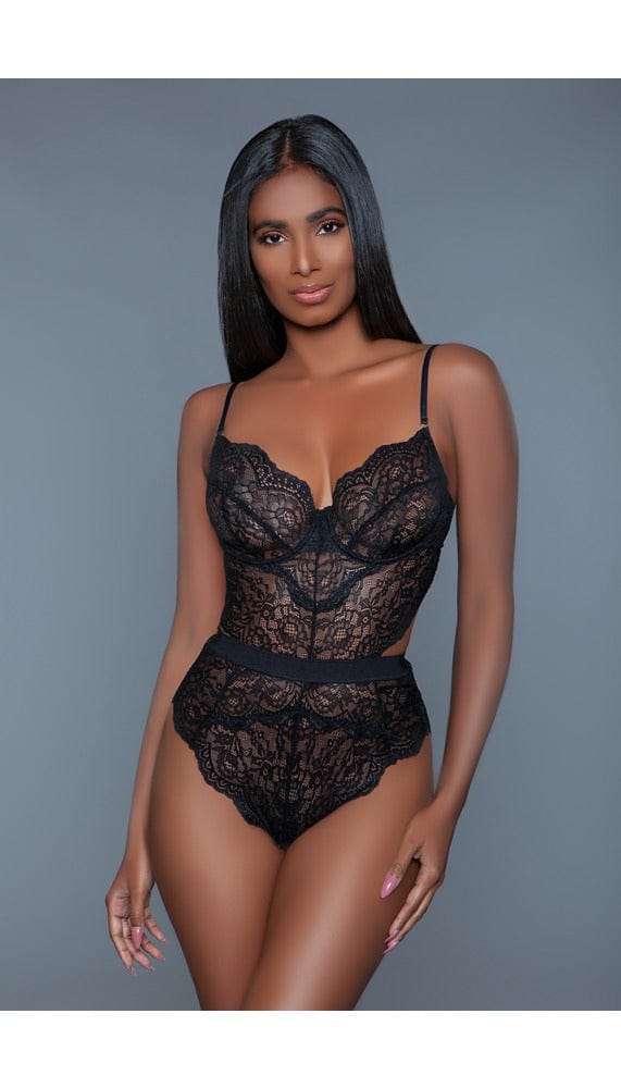 1 pc. non-padded cups with modern cut-out details. Hook and eye fastenings. Adjustable straps in black facing forward