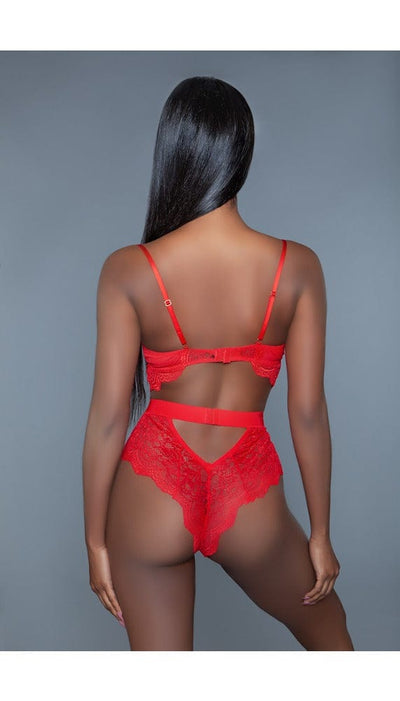 1 pc. non-padded cups with modern cut-out details. Hook and eye fastenings. Adjustable straps in red facing back