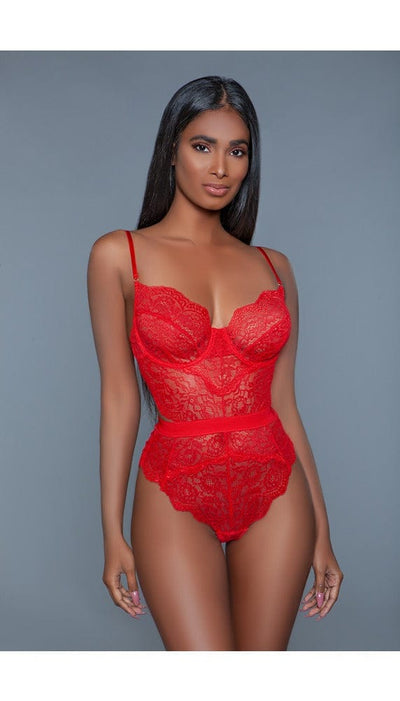 1 pc. non-padded cups with modern cut-out details. Hook and eye fastenings. Adjustable straps in red facing forward