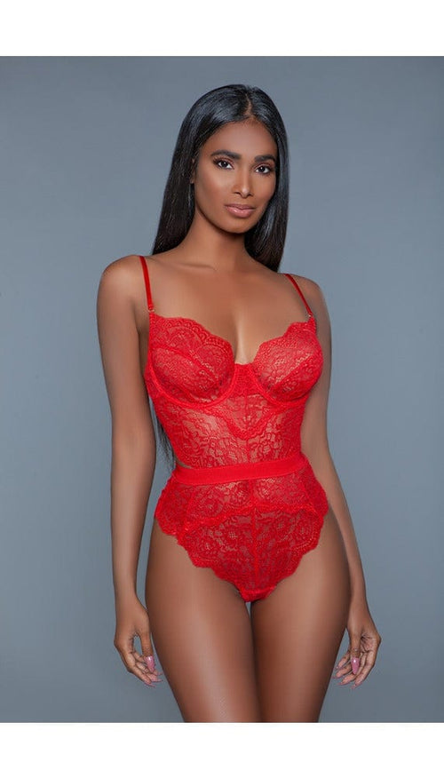 1 pc. non-padded cups with modern cut-out details. Hook and eye fastenings. Adjustable straps in red facing forward