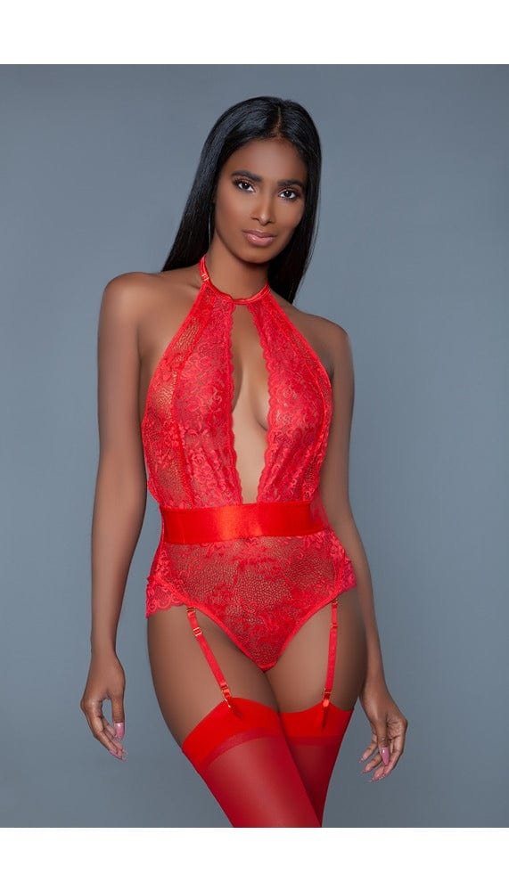 1 pc. satin-trimmed semi-sheer floral lace. Adjustable halter neck with cut-out chest. Elastic waistband and detachable suspender straps in red facing forward