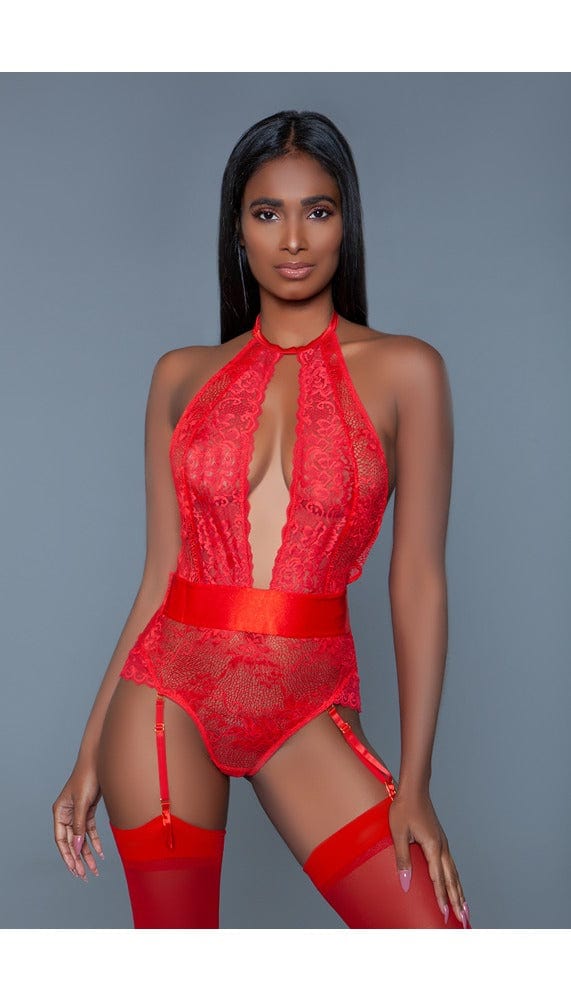 1 pc. satin-trimmed semi-sheer floral lace. Adjustable halter neck with cut-out chest. Elastic waistband and detachable suspender straps in red facing forward