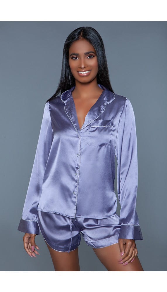 2 pc satin pajama set. Long sleeves top and shorts with silver piping facing forward