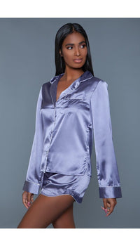 2 pc satin pajama set. Long sleeves top and shorts with silver piping facing front right