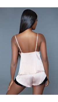2 pc satin pajama set with v-neck adjustable straps top and stretch waist bottoms facing back