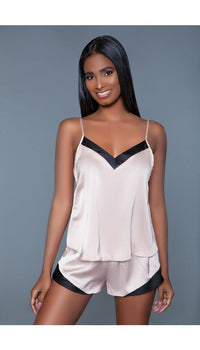 2 pc satin pajama set with v-neck adjustable straps top and stretch waist bottoms facing forward