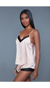 2 pc satin pajama set with v-neck adjustable straps top and stretch waist bottoms facing front left