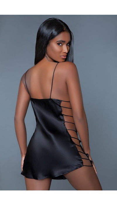 1 pc mini satin slip with square neck, cami straps and open side strappy detail facing back