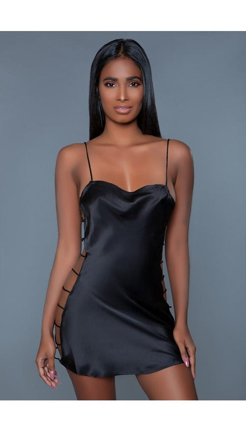 1 pc mini satin slip with square neck, cami straps and open side strappy detail facing forward