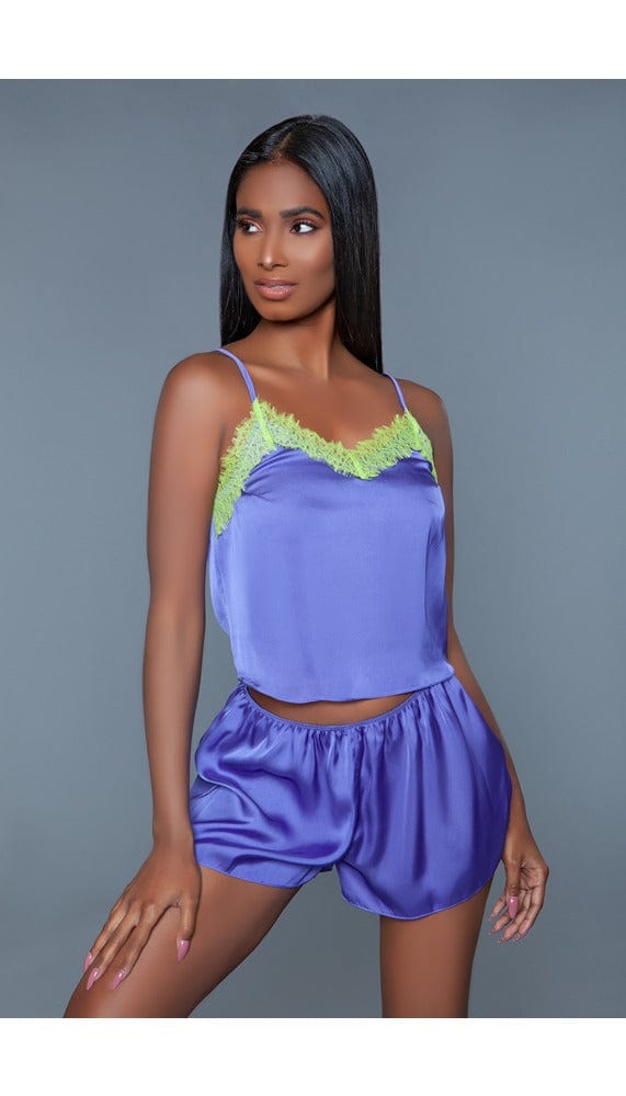 2 pc satin set with V-neck laced trim cami top and elastic waistband bottoms facing front right