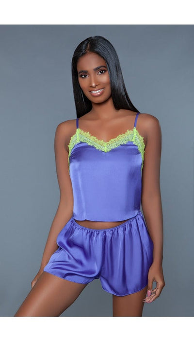 2 pc satin set with V-neck laced trim cami top and elastic waistband bottoms facing forward
