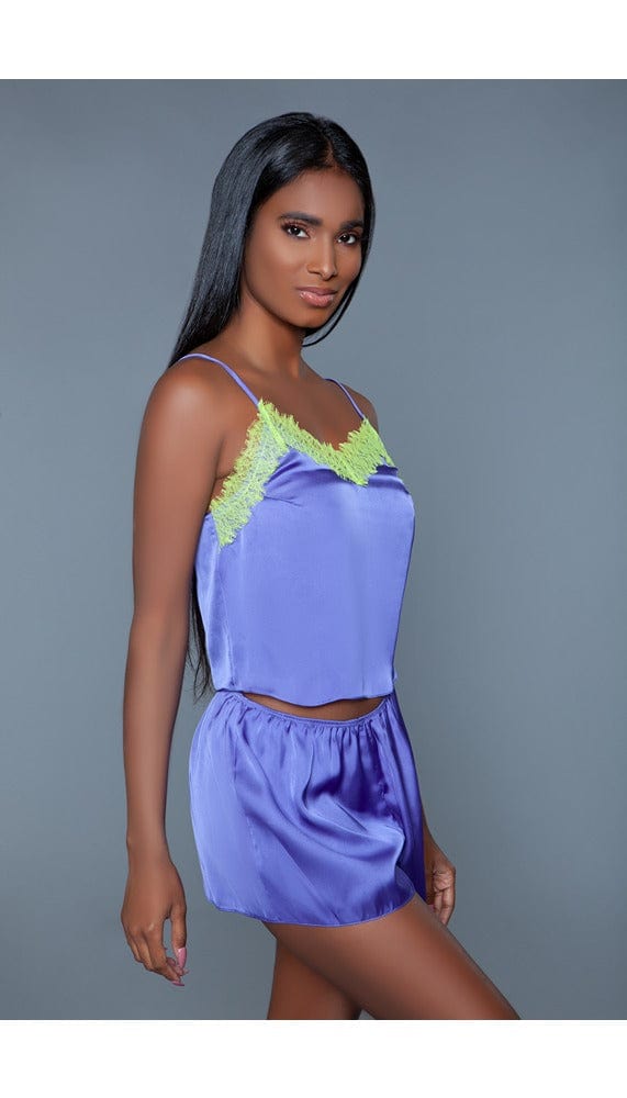 2 pc satin set with V-neck laced trim cami top and elastic waistband bottoms facing front right