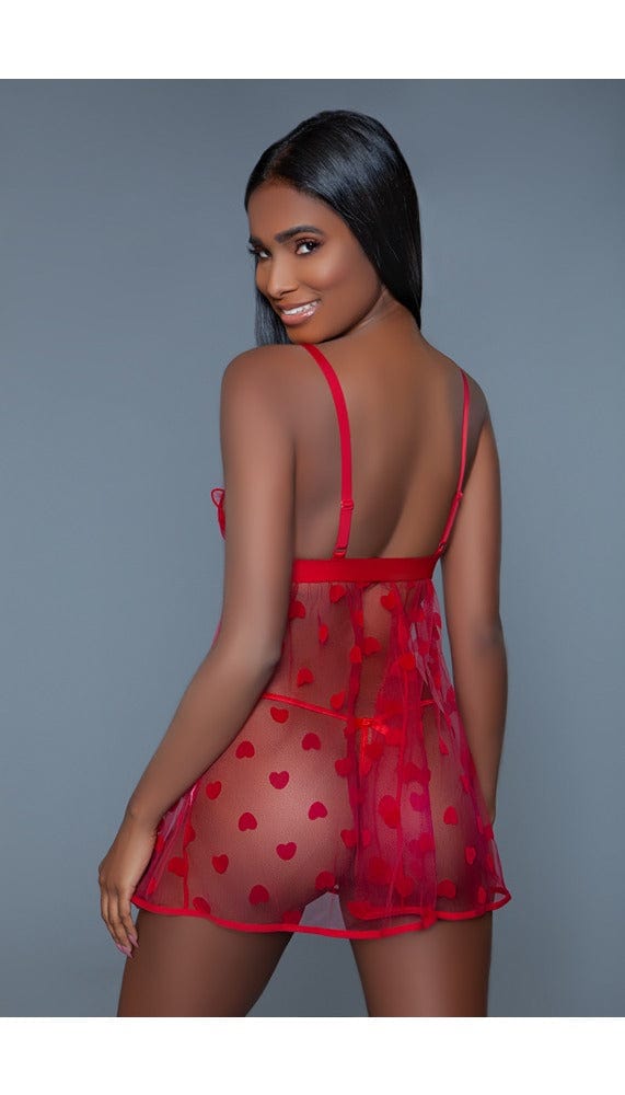 1 pc fine mesh heart-designed slip dress with plunging neck and adjustable straps. With thong facing back