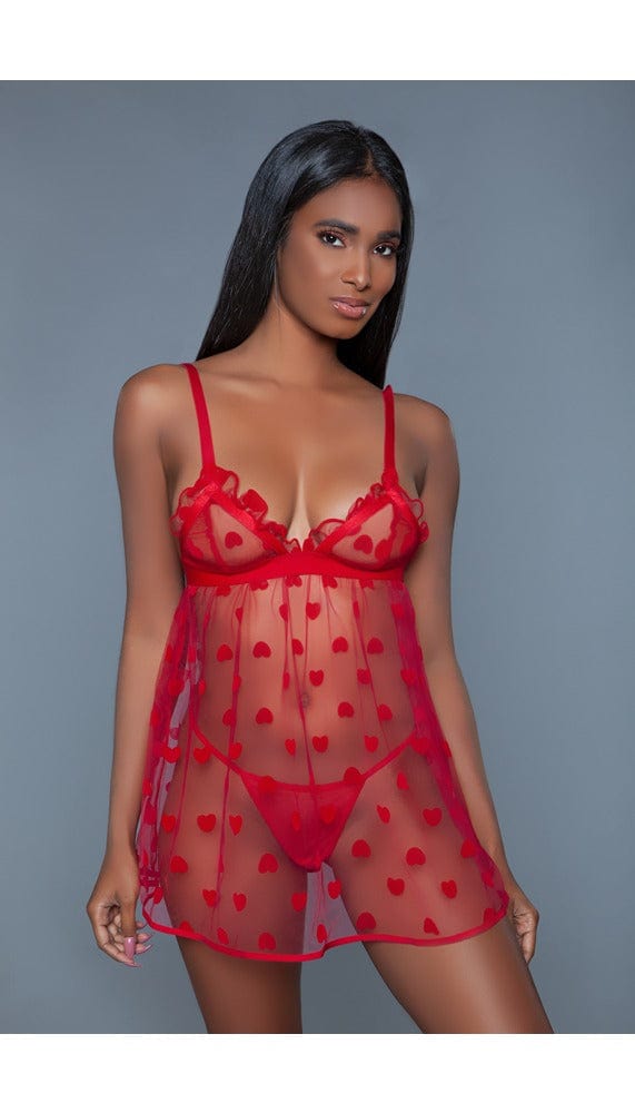1 pc fine mesh heart-designed slip dress with plunging neck and adjustable straps. With thong facing front right