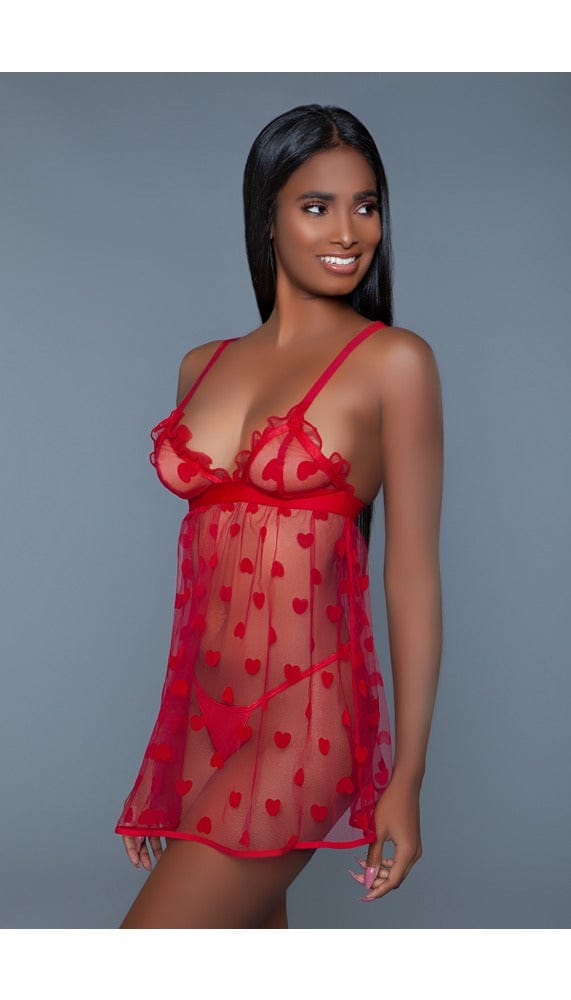 1 pc fine mesh heart-designed slip dress with plunging neck and adjustable straps. With thong facing front right