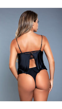 1 Pc satin cowl-neck bodysuit with lace underlay, back opening and adjustable straps facing back