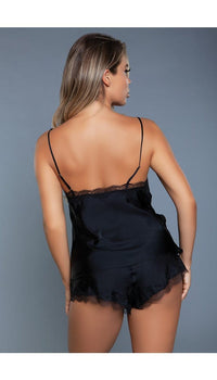 2 pc luxe cami set with adjustable straps and delicate laced trim. Short with elastic waist in black facing back