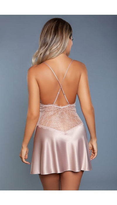 1 pc satin slip with front and back delicate sheer lace and eyelash trim adjustable cross-back straps in champagne facing back