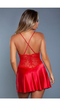 1 pc satin slip with front and back delicate sheer lace and eyelash trim adjustable cross-back straps in red facing back