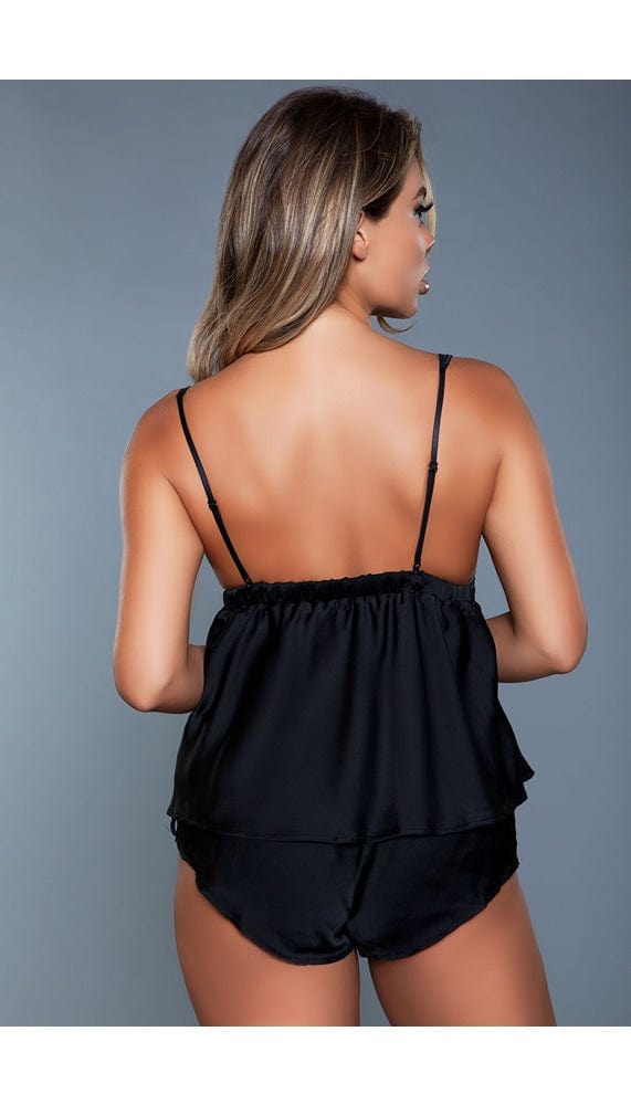 2 pc satin cami set with plunging neckline top and elastic band mini shorts, sheer mesh, and floral embroidery lace design facing back