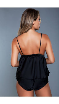 2 pc satin cami set with plunging neckline top and elastic band mini shorts, sheer mesh, and floral embroidery lace design facing back