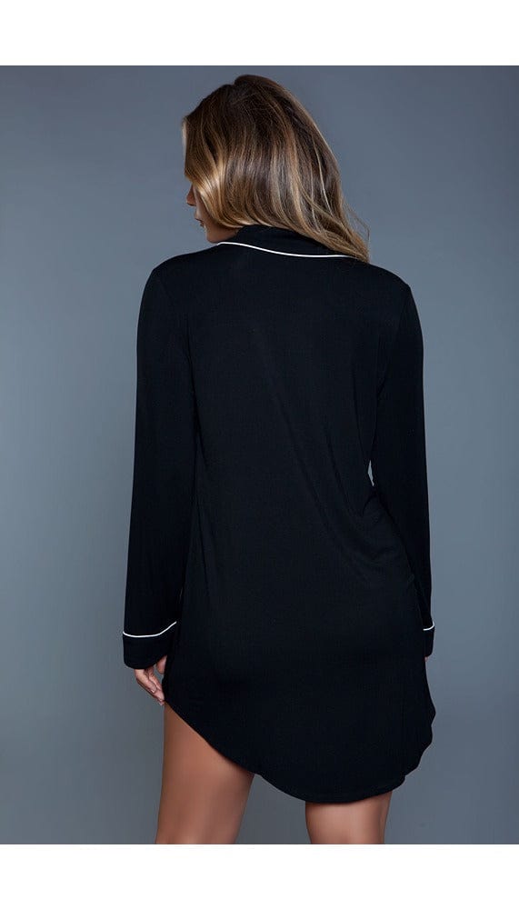 1 pc notched collar long-sleeve sleepshirt with front button closure and chest patch pocket and traced with contrast piping in black facing back
