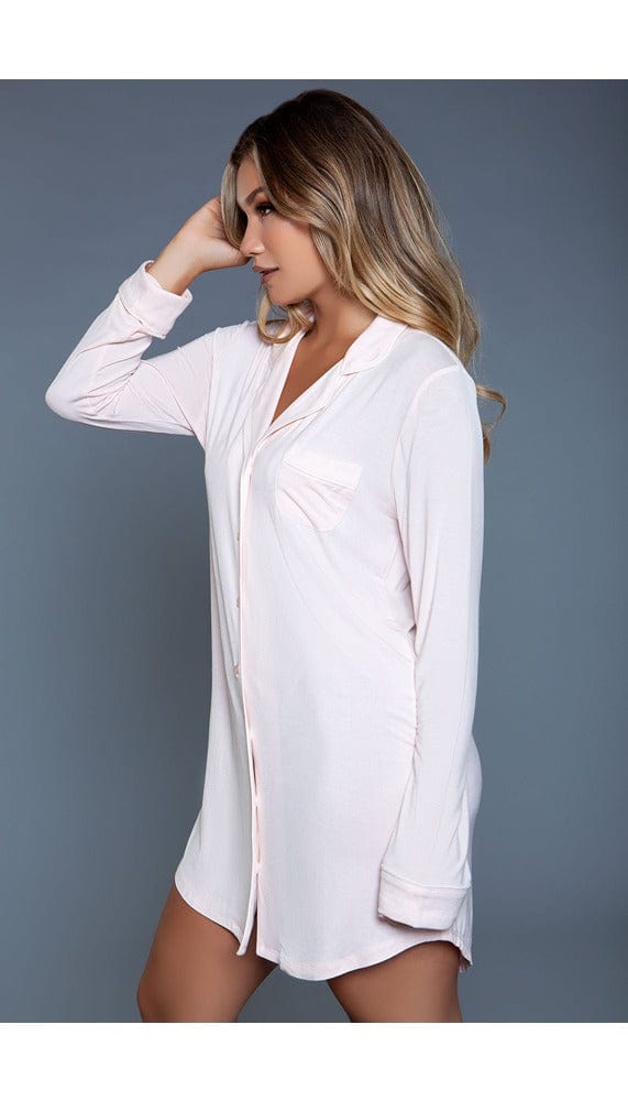 1 pc notched collar long-sleeve sleepshirt with front button closure and chest patch pocket and traced with contrast piping in pink facing front left