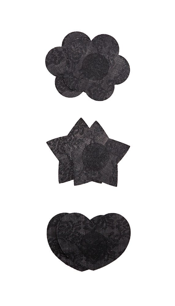 Black flower, star, and heart shaped nipple pasties laying flat in their respective pairs.