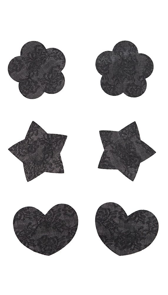 Black flower, star, and heart shaped nipple pasties laying flat.