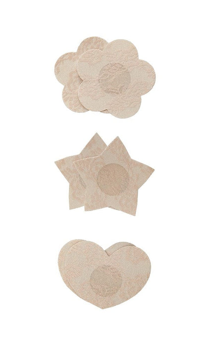 Beige nude flower, star, and heart shaped nipple pasties laying flat.
