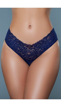 Navy low-rise lace briefs with delicate floral paisley lace design.