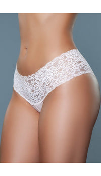 Side view of white low-rise lace briefs with delicate floral paisley lace design.