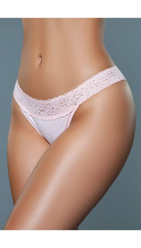 Side view of pink colored jersey thong with a floral lace design at the waist.