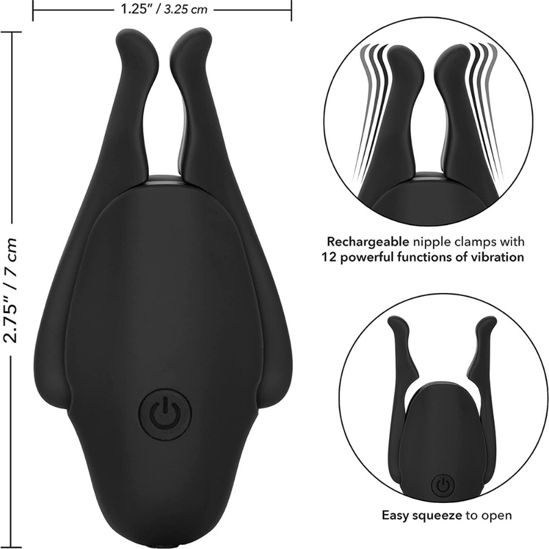 Image of product features of the nipples clamps. Toy is 2.75 inches long and 1.25 inches wide. Rechargeable nipple clamps with 12 powerful functions of vibration. Easy squeeze to open.