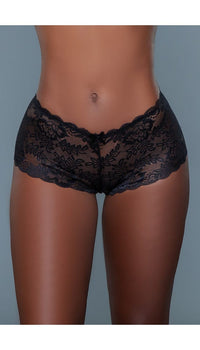 Black lace high rise boyshort panties with bow detail at waist.