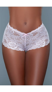 Pink lace high rise boyshort panties with bow detail at waist.