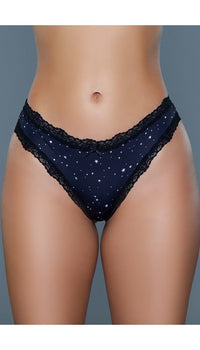Navy and black lace trim jersey thong with white star pattern and bow detail at waist.
