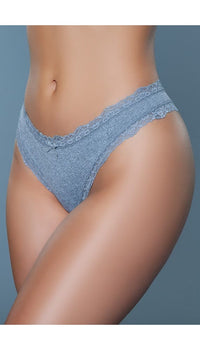 Side view of grey jersey thong with lace trim and bow detail at waist.
