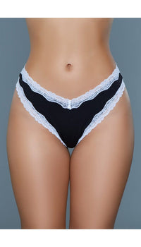 Black high-rise thong with white lace trim.