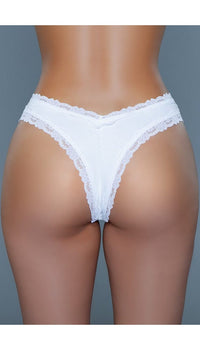 Back view of white high-rise thong with white lace trim.