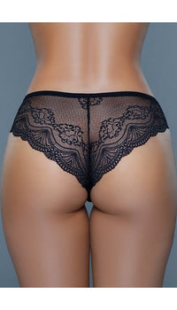Back view of black mid-rise brief panties with delicate scallop lace design.